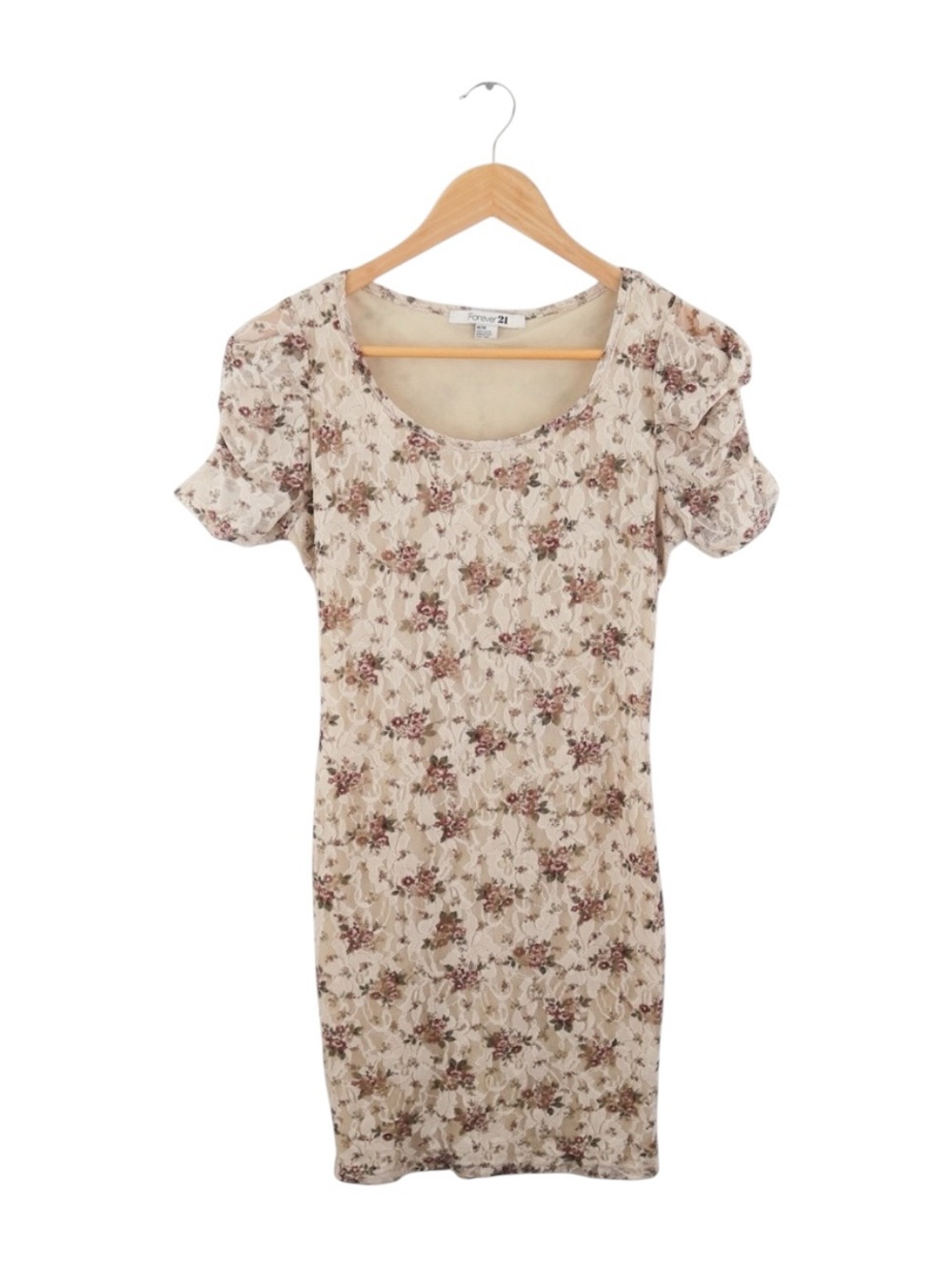 Floral Lace Mini Dress Womens Cottagecore Sheer Overlay Bodycon Cream M